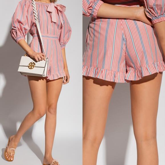 SEE BY CHLOÉ Neo Janis Striped Cotton Poplin Frill Shorts Red Multicolored